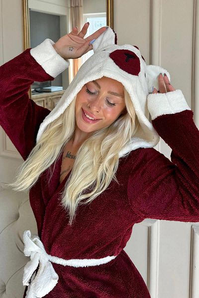 Pijamaevi Polar Plush Hooded and Claret Red Women's Dressing Gown with Pockets