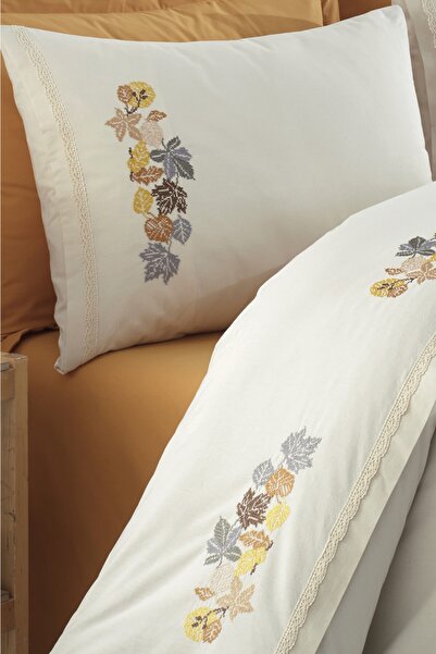 ÖDEL HOME Natural - Mustard Lace Leaf Embroidered Double Duvet Cover Set