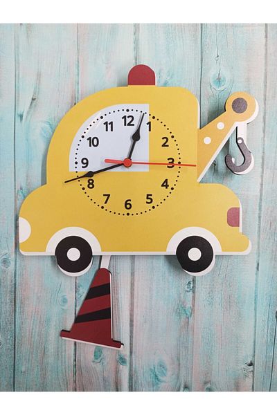 CajuArt Wooden Car Kids Room Wall Clock with Swinging Pendulum