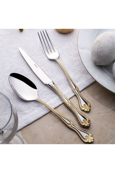 Nehir Lalezar Gold Plain 84 Piece Fork Spoon Knife Set with Leather Box