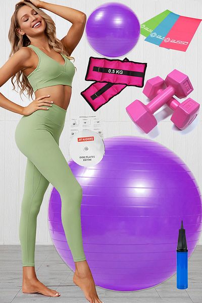 Jet 10 Pilates Ball Set Set, 3 Pilates Band Elastics, 1 Kg Dumbbell, Wrist Weight Set Purple