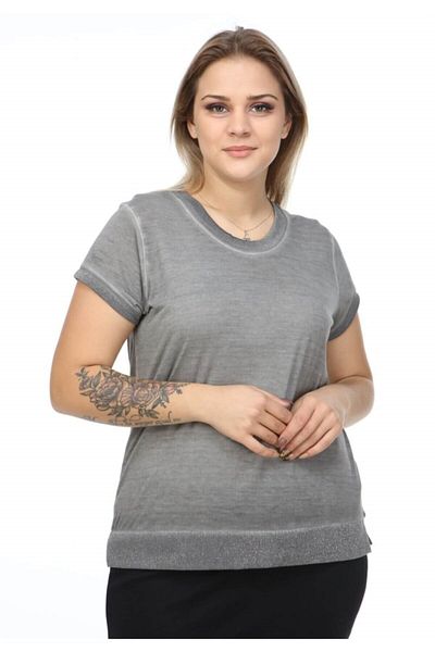 Seamoda Short Sleeve Blouse with Glitter Strips on the Collar and Hem-anthracite