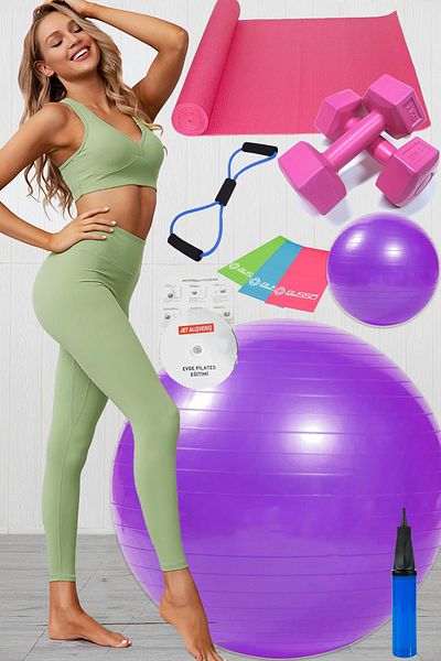 Jet 11-Piece Pilates Set Set Ball, 3-Piece Pilates Band Rubber Dumbbell Cushion Mat Resistance Band Set Purple