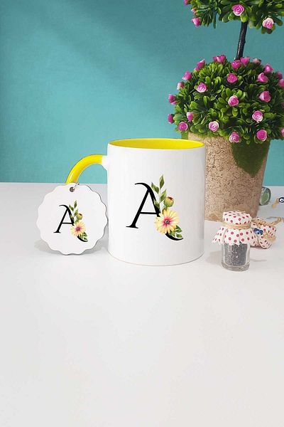 Hedizu Yellow Mug Cup Keychain with Floral Letter a