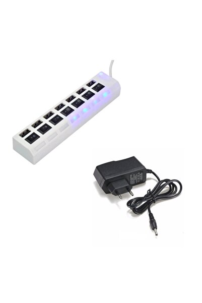 WOZLO 7 Port Usb Hub Çoklayıcı Anahtarlı Switch Işıklı Beyaz Adaptörlü