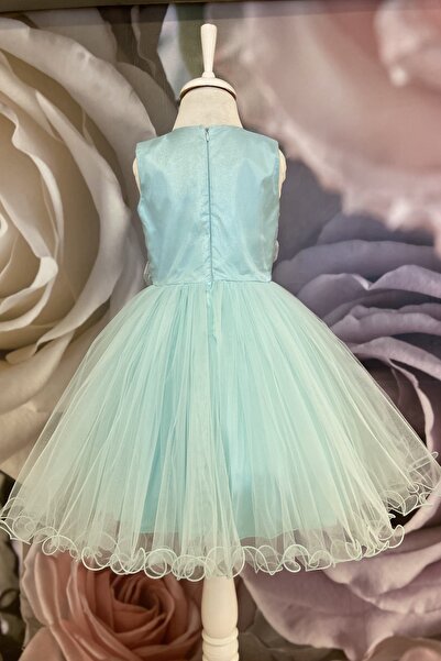 Dide Kids Dide Kız Çocuk 3 Boyutlu Çiçekli Ve Nakışlı Yeşil Organze Elbise