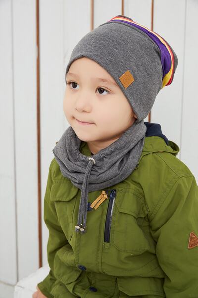 Babygiz Дитячий комплект шапочка і комір з кольоровою смужкою на сірому тлі, м'який, двошаровий, 100% натуральна бавовна