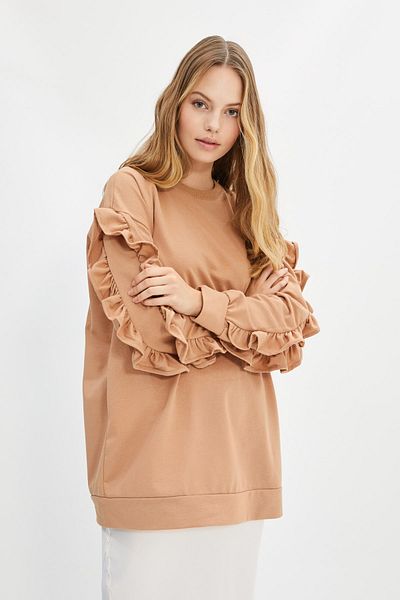 Trendyol Modest Beige Sleeve Ruffle Knitted Sweatshirt TCTAW22TW0011