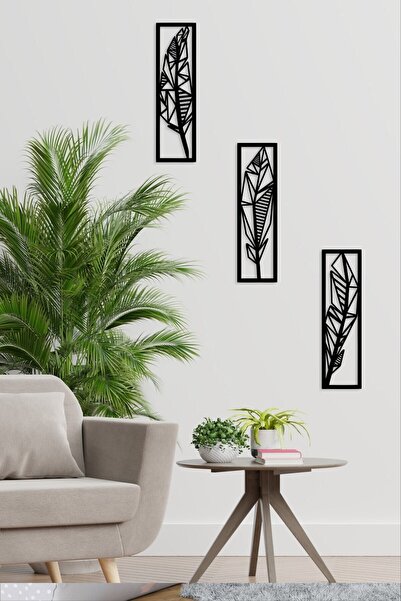NT Handmade Siyah Ahşap Üçlü Tüyler Duvar Dekoru - Salon Oturma Yatak Odası O...