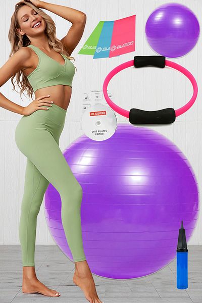 Jet 9 Pilates Set Plates Set Pilates Ball Pilates Circle Ring 3 Piece Resistance Band Elastic Purple