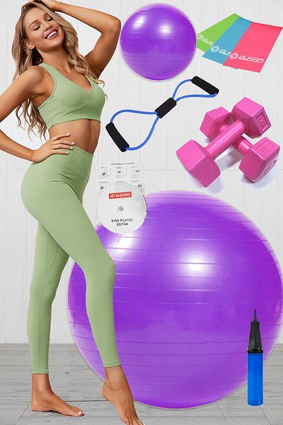 Jet مجموعة كرات بيلاتيس 10، 3 أشرطة مطاطية بيلاتيس، مجموعة أنابيب مقاومة الدمبل 1 كجم أرجواني