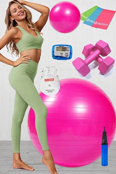 Jet 10 Lu Pilates Topu Seti Takımı 3 Lü Pilates Bandı Lastiği 1 Kg Dambıl, Adımsayar Pedometre Pembe