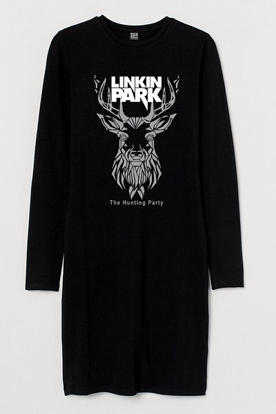 ROCKANDROLL Rochie tricou de damă, neagră, geometrică, cu mânecă lungă, din bumbac pieptănat