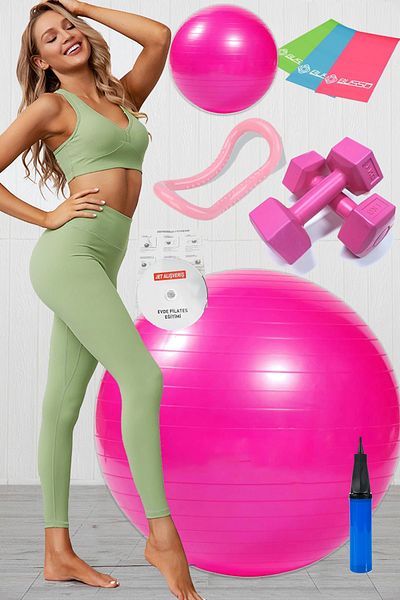 Jet 10 Pilates Ball Set, 3 Pilates Band Elastics, 1 Kg Dumbbell, Yoga Ring Pink