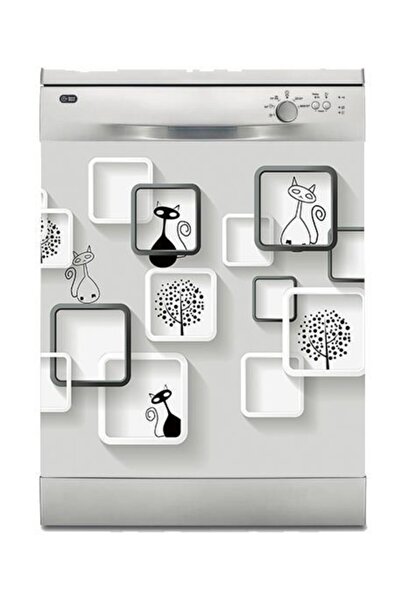StickerArt Bulaşık Makinesi Sticker Kaplama Beyaz Eşya Kaplama Kare Kedi Ağaç