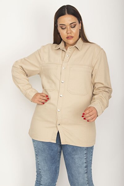 Şans Women's Large Size Camel Chest Pocket Gabardine Coat with Front and Sleeve Snap Buttons 65n27259