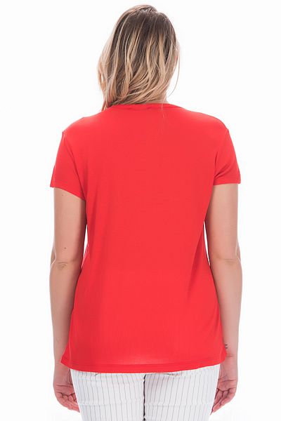 Şans Women's Large Size Red Cotton Fabric V-Neck Blouse 65n27274