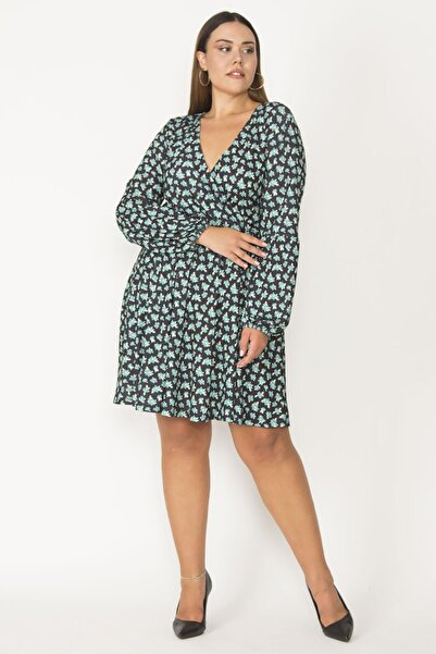 Şans Women's Large Size Green Wrap Collar Dress with Elastic Detail on the Cuff and Waist 65n27422