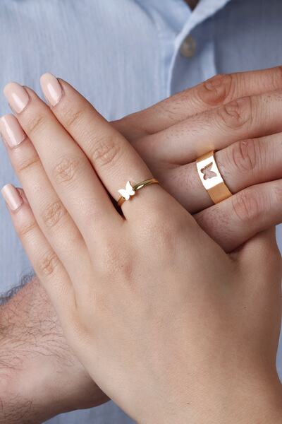 Sortie Aksesuar Çelik Kelebek Figürlü Boyu Ayarlanabilir 2'li Çift Yüzük 009