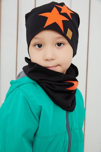 Babygiz Boy's Black Orange Star Beret Neck Collar Set Soft Double Layer 100% Natural Cotton Combed Cotton