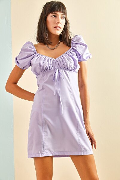 Bianco Lucci Women's Lace-up Front and Elastic Back Balloon Sleeve Mini Dress