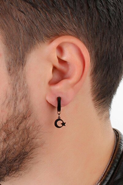 TakıConcept Erkek Siyah Ay Yıldız Figürlü Çelik Halka Küpe