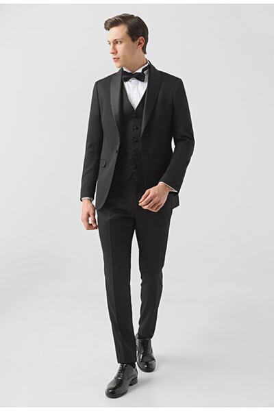 Twn Slim Fit Siyah Armürlü Damatlık & Smokin Yelekli Takim Elbise