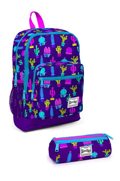 Coral High Kids Adalinhome Cactus Purple Patterned Four Compartment 2-Piece Bag Set 23108 Set05