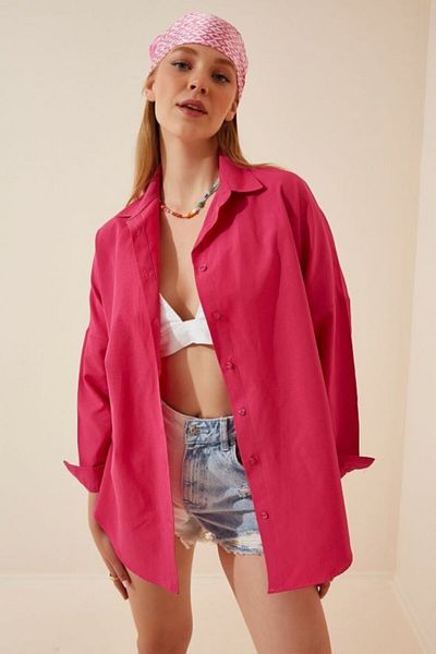 VOLT CLOTHİNG Γυναικείο Σκούρο Ροζ Oversize Μακρύ Βασικό Πουκάμισο