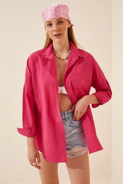 VOLT CLOTHİNG Γυναικείο Σκούρο Ροζ Oversize Μακρύ Βασικό Πουκάμισο