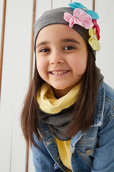 Babygiz 100% Cotton Natural Soft Double Layer Combed Cotton Smoked Floral Girl Child Baby Beanie Neck Collar Set