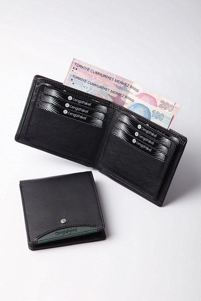 CENGİZ PAKEL Genuine Leather Men's Wallet Black-green-27448t