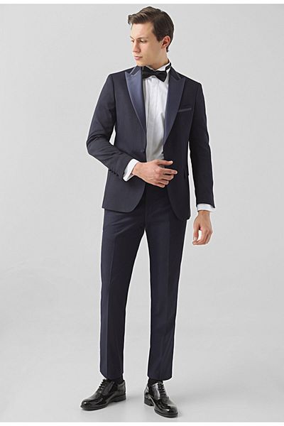 D'S Damat Slim Fit Navy Blue Dobby Turndown Collar Groom Suit & Tuxedo Suit