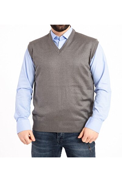 NACAR STORE Мъжки тъмно сив пуловер с V-образно деколте от фина вълна