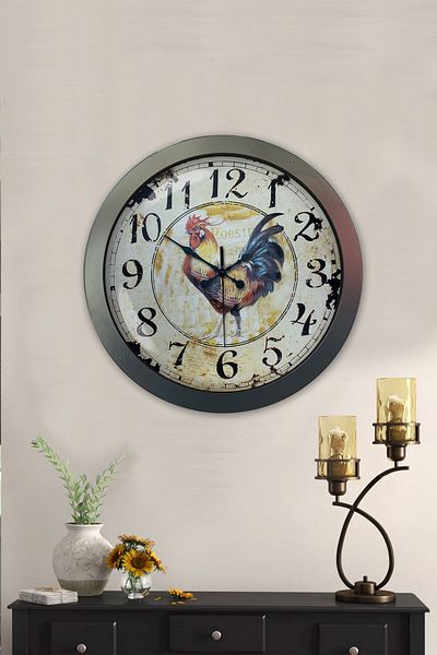 Kasva Concept Gift 36 cm Black Metal Rooster Wall Clock
