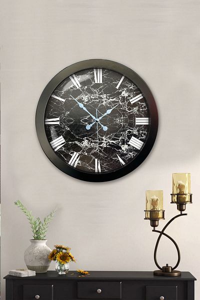 Kasva Concept Gift 36 cm Black Metal Marble Patterned Wall Clock