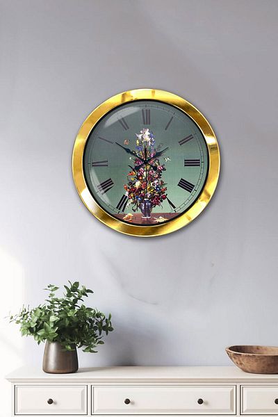 Kasva Concept Gift 36 cm Gold Metal Flower Wall Clock with Vase