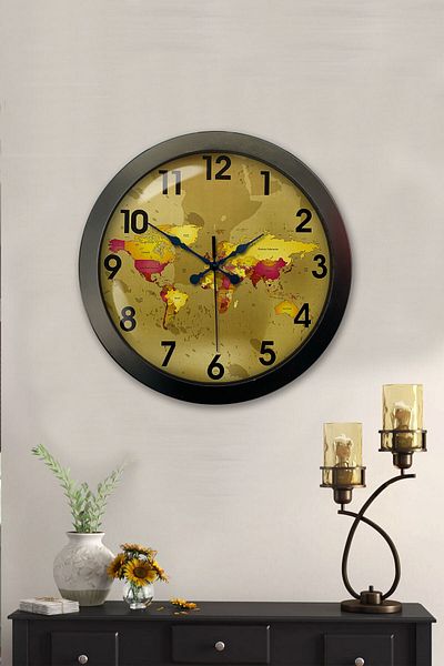 Platin Saat 36 cm Black Metal Map Wall Clock