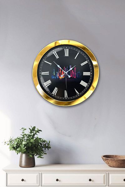 Kasva Concept Gift 36 cm Gold Metal Skyscrapers Wall Clock
