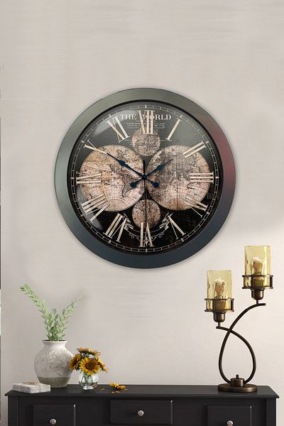 Kasva Concept 36 cm Black Metal World Map Wall Clock