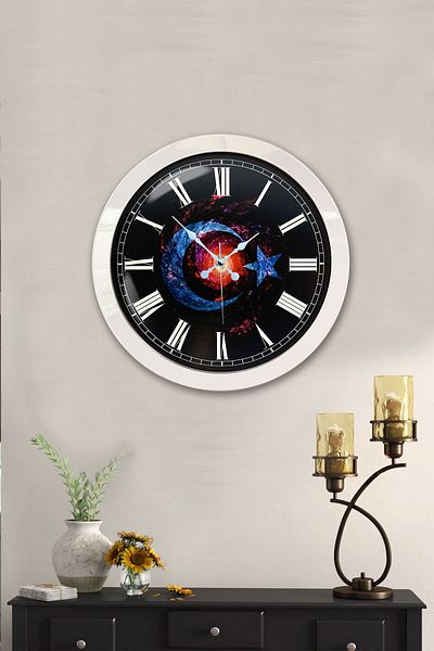 Kasva Concept 36 cm White Metal Turkish Flag Wall Clock