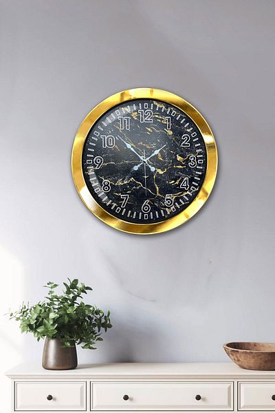 Kasva Concept Gift 36 cm Gold Metal Black Marble Wall Clock
