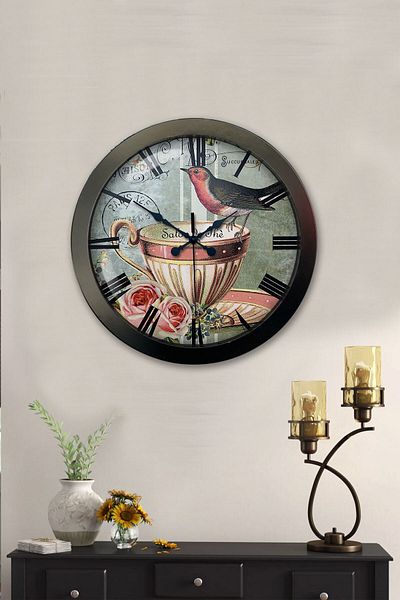 Kasva Concept Gift 36 cm Chrome Metal Wall Clock with Bird