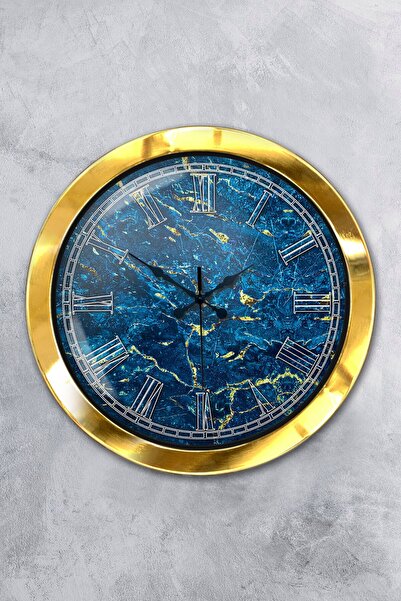 Platin Saat ساعة حائط من الرخام الأزرق المعدني الذهبي مقاس 36 سم