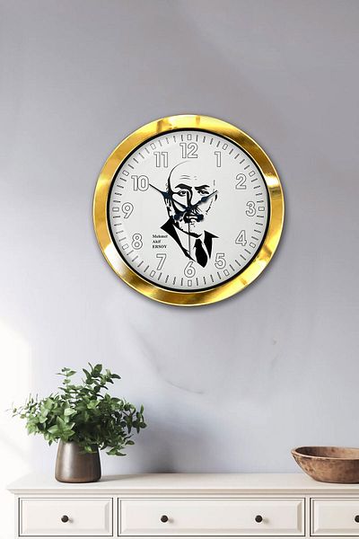 Kasva Concept Gift 36 cm Gold Metal Mehmet Akif Ersoy Wall Clock