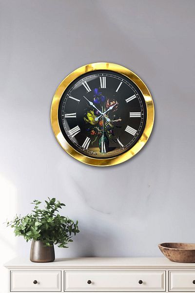 Kasva Concept Gift 36 cm Gold Metal Flower Wall Clock with Vase