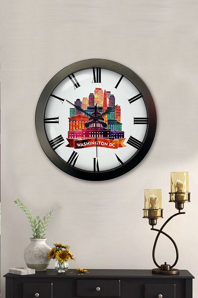 Kasva Concept 36 cm Black Metal Washington Themed Wall Clock