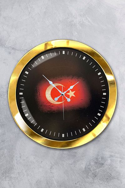 Kasva Concept Δώρο 36 εκ. Χρυσό Μεταλλικό Ρολόι Τοίχου Τουρκικής Σημαίας