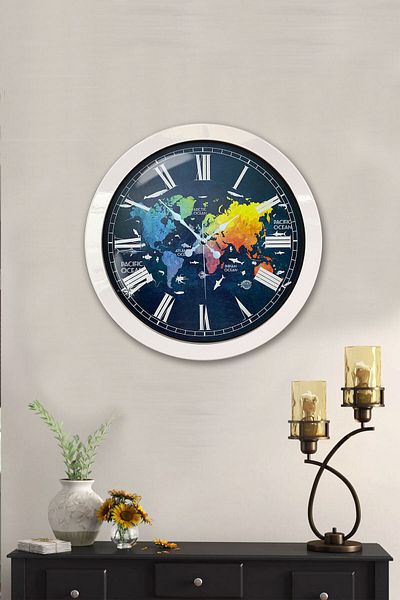 Kasva Concept Gift 36 cm White Metal Color World Map Wall Clock