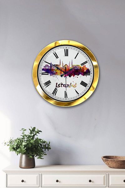Kasva Concept 36 cm Gold Metal Istanbul Themed Wall Clock